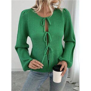 rendy Butterfly Tie Front Adjustable Solid Crew Neck Knit Sweater
